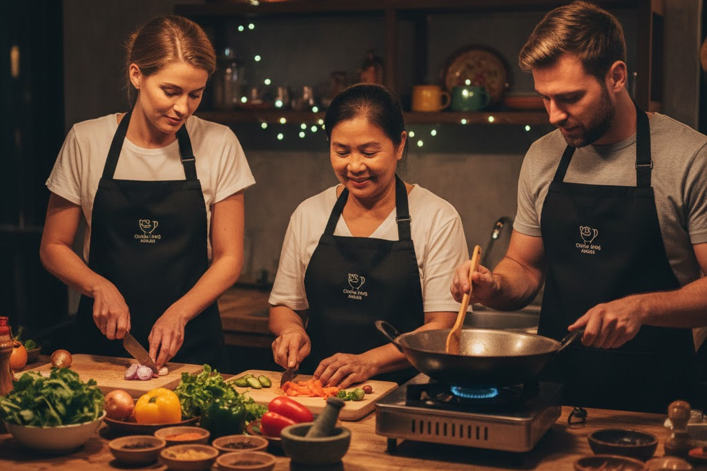 여행지에서 요리나 취미 클래스를 배우는 장면을 표현한 이미지