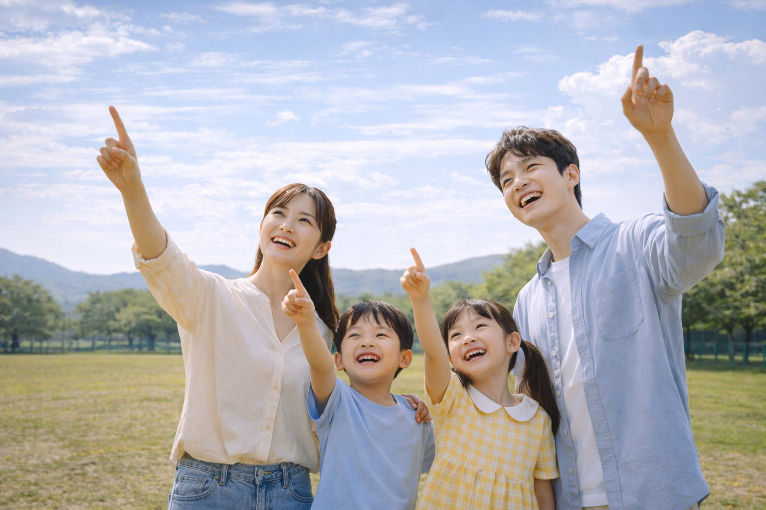 넓은 야외에서 가족이 함께 하늘을 가리키며 환하게 웃고 있는 밝은 순간