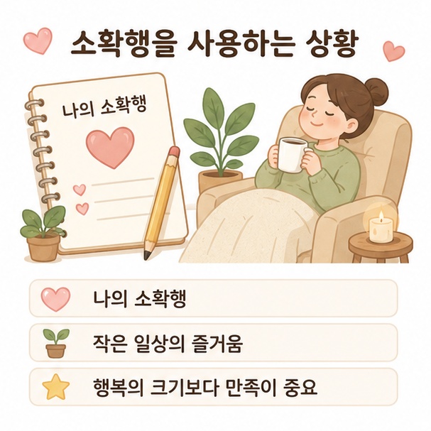 자신의 일상에서 작지만 만족스러운 순간을 발견하는 것이 소확행이라는 표현의 의미임을 정리한 이미지