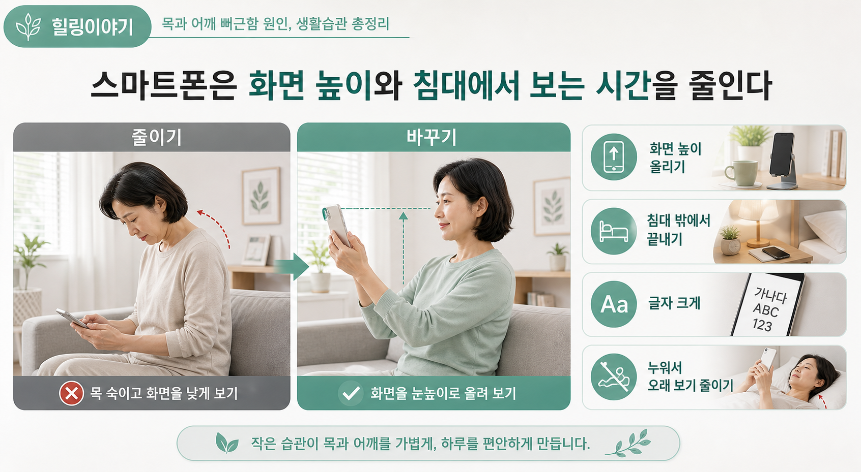 스마트폰 목 통증을 줄이기 위한 화면 높이와 침대 사용 시간 조절