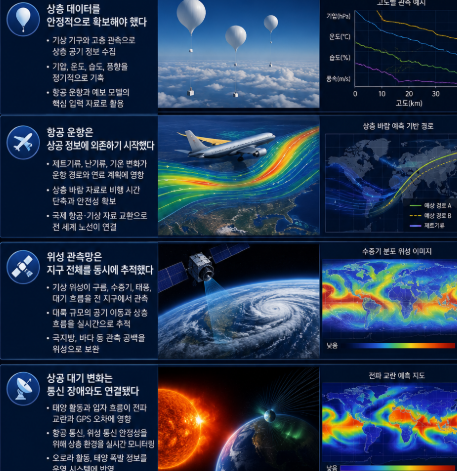 기상 기구와 항공기, 인공위성이 서로 연결된 상층 대기 운영 시스템이 지구 상공을 실시간으로 관리하는 모습