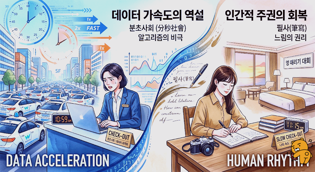 데이터 이동의 속도에 인간은 지쳐가고 있다. 우리는 우리만의 속도로 삶을 살아도 아무 이상이 없다.