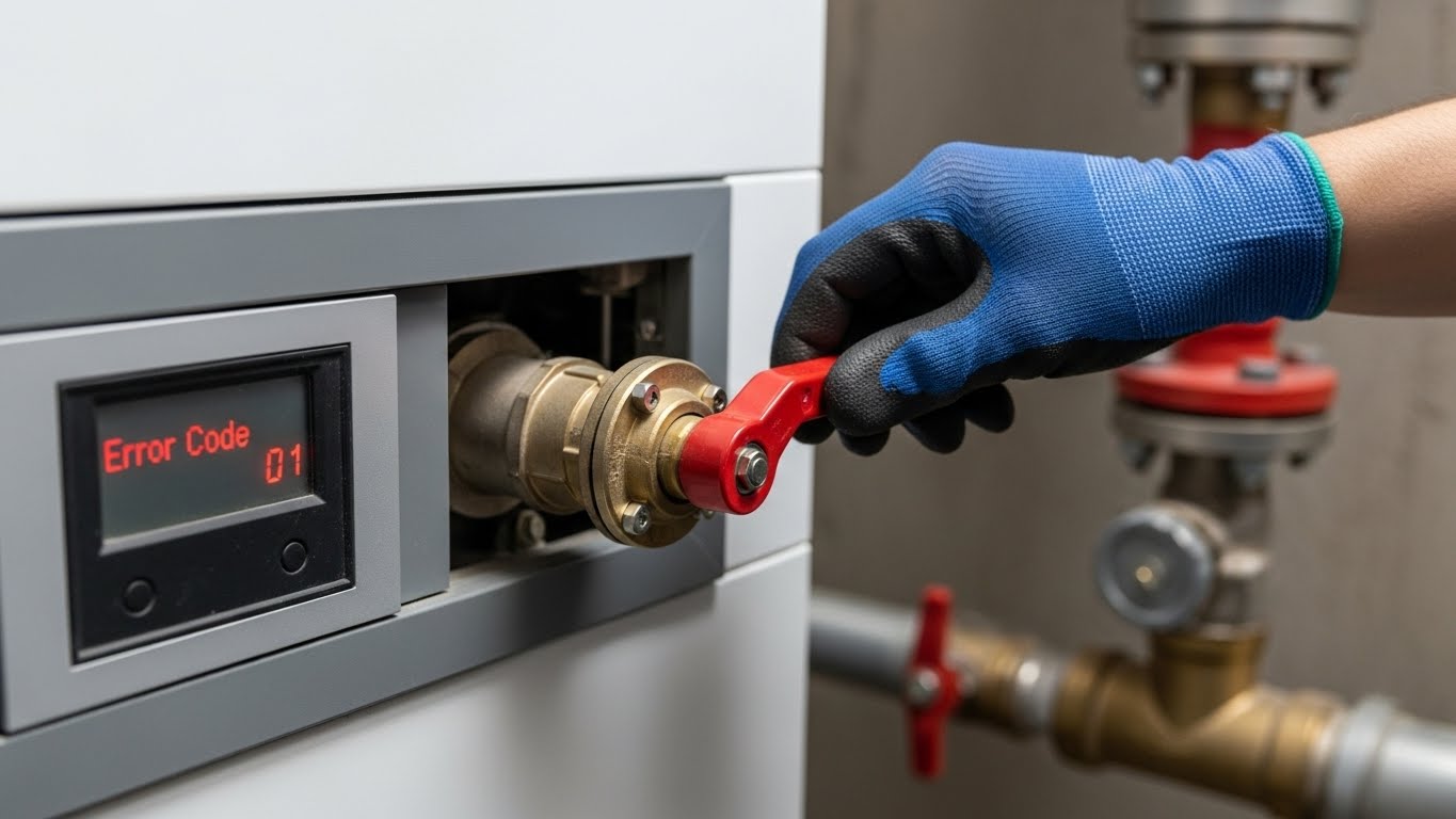 귀뚜라미 보일러 가스 밸브가 열려있는지 확인하는 모습