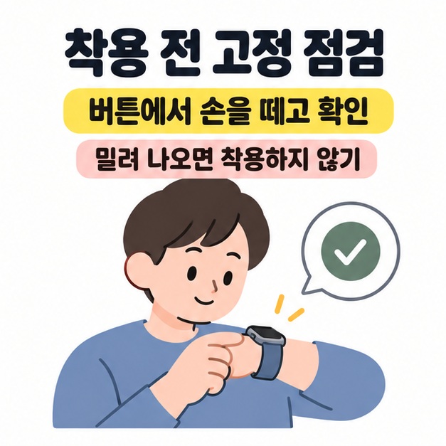 버튼에서 손을 떼고 고정을 확인하며 밴드가 밀려 나오면 착용하지 말라는 문구와 손목의 워치를 살펴보는 인물 그림