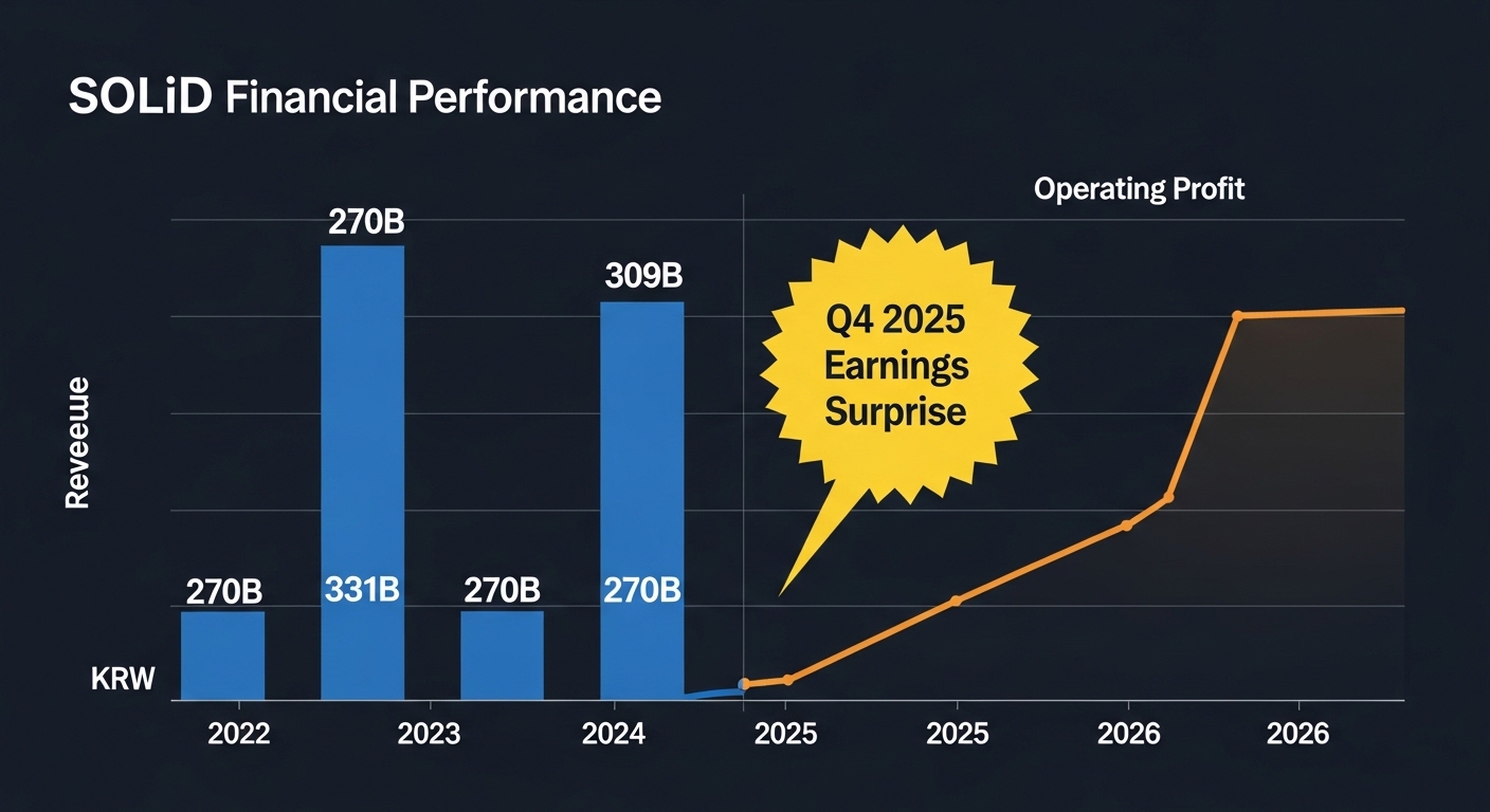 SOLiD 2022~2026 financial performance chart. Dual axis blue revenue bars 270B 280B 331B 270B 309B KRW. Orange line operating profit dip in 2025 then sharp recovery 2026. Q4 2025 earnings surprise annotation star burst yellow. Dark navy background English labels only.