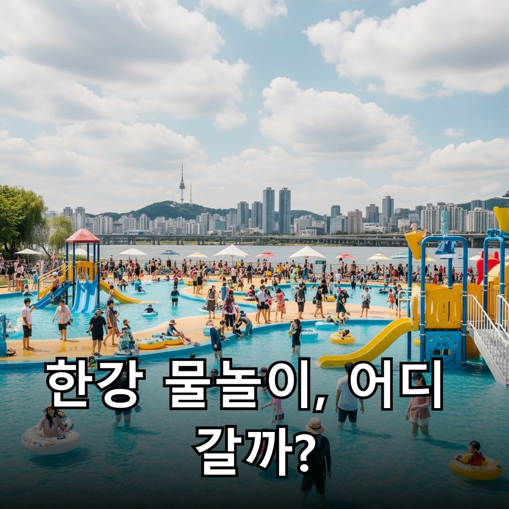 한강변에 펼쳐진 시원한 물놀이 공간의 전경