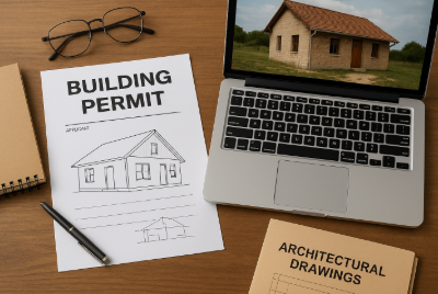 나무 책상 위에 건축허가 신청서, 펜, 노트, 노트북, 건축 설계 도면 파일이 가지런히 놓여 있는 장면