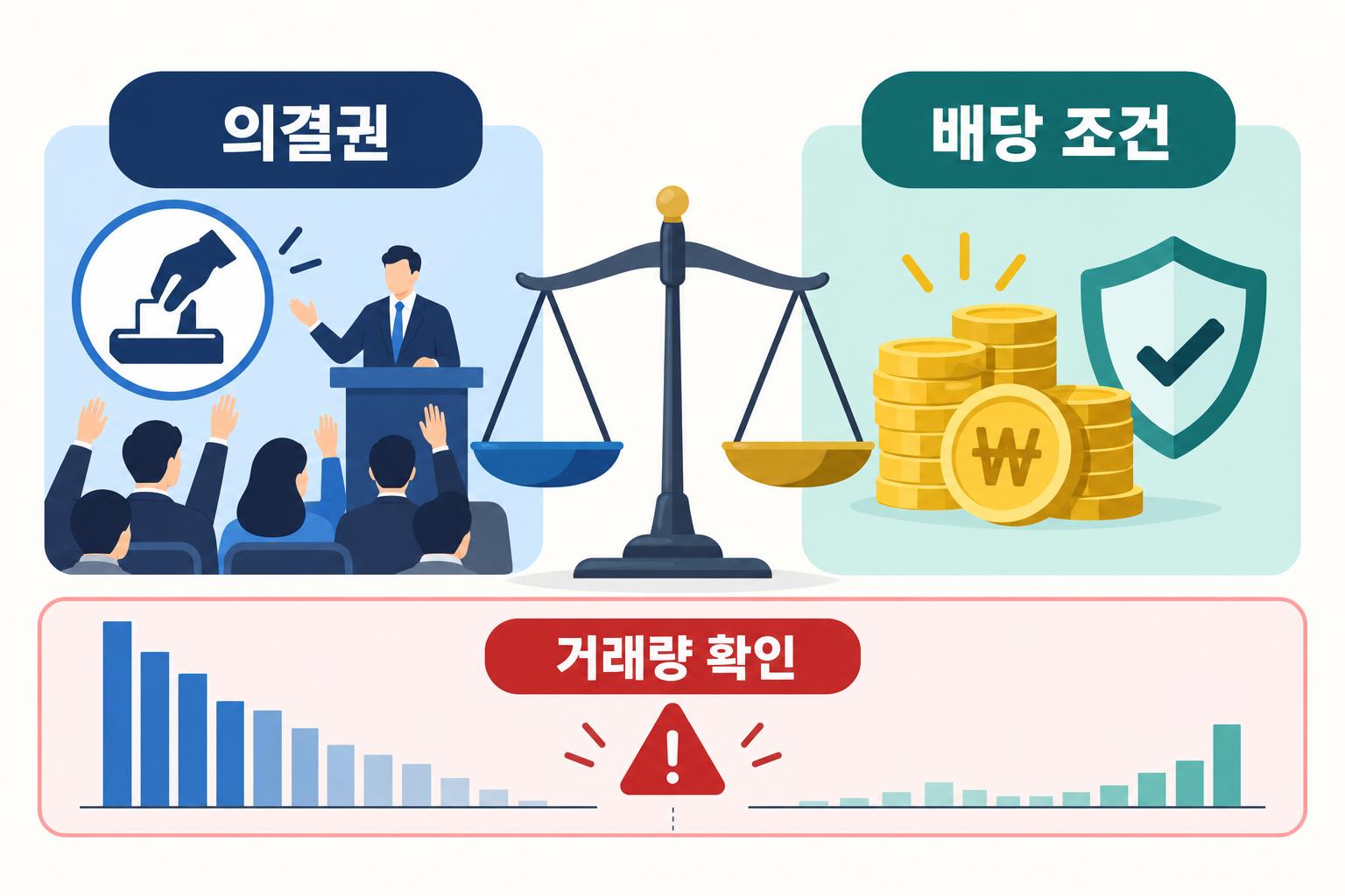 보통주의 의결권과 우선주의 배당 조건 및 거래량 확인을 비교한 인포그래픽