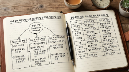 미래 불안 극복 방법과 인생 목표 설정 방법을 위해 자가 진단 테스트와 '5분 지연', '가치 기록' 전략을 도표로 정리한 집중 노트와 아날로그 시계 사진