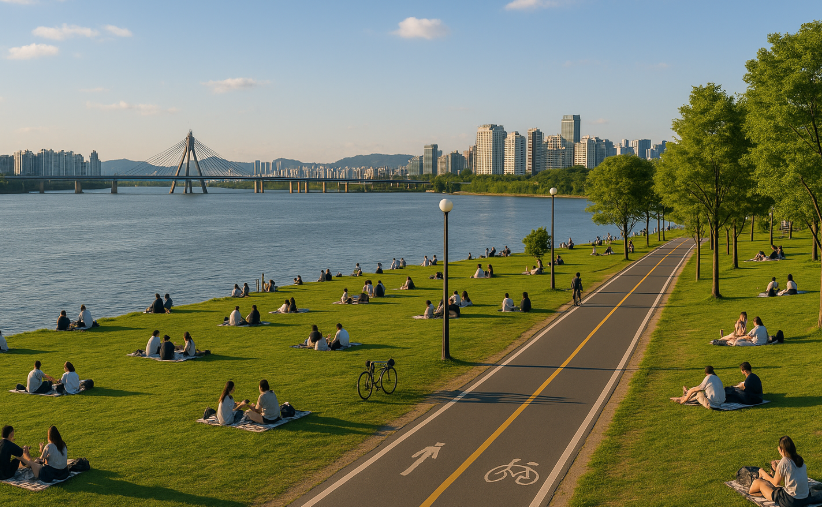 망원 한강공원에서 휴식을 취하는 사람들