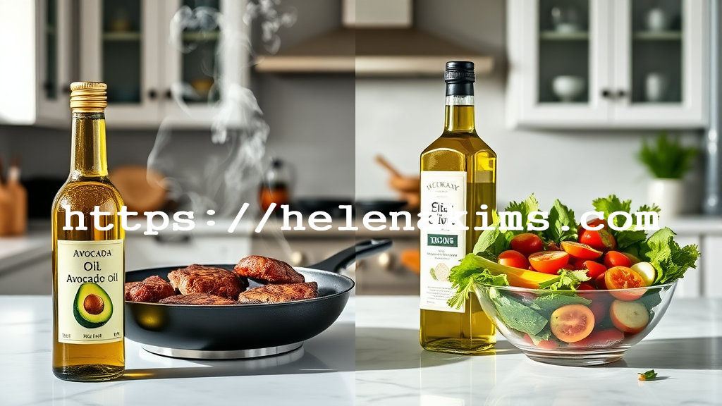 왼쪽에는 아보카도 오일로 스테이크를 굽고 있고, 오른쪽에는 올리브 오일로 샐러드를 만들고 있는 모습
