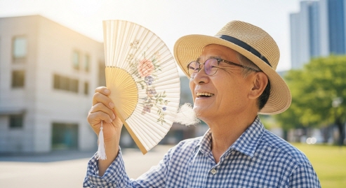 손 부채를 들고 바람을 맞으며 웃는 노인
