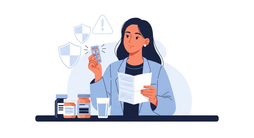 방광염 약을 먹기 전 복용 주의사항을 확인하는 한국인 여성 일러스트