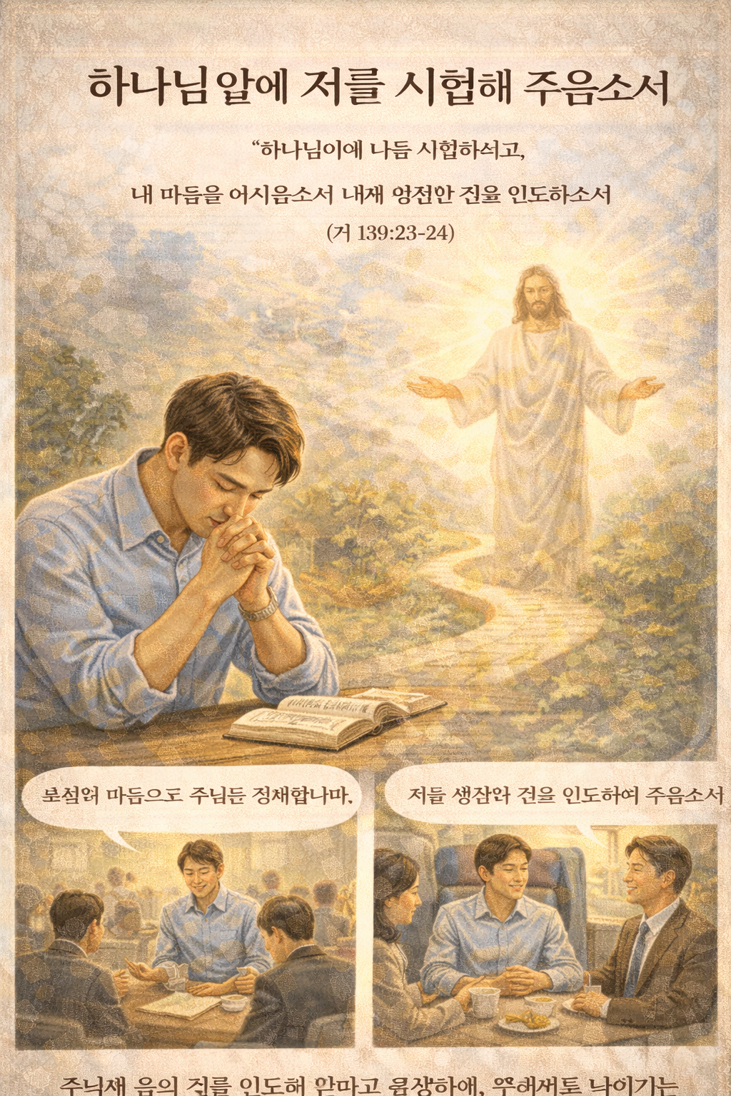 시139:23-24 말씀을 보며&amp;#44; 제가 하나님 앞에서 저를 시험해 달라고 요청하는 담대한 마음을 가질 수 있는가를 생각하며&amp;#44; 제가 순전한 마음으로 주님을 경배하며 알아가는 삶이 되어야 하며&amp;#44; 주님께 나아가는 삶을 살아가되 저를 영원한 길로 인도하여 달라고 요청하는 시간을 가지는 모습입니다.