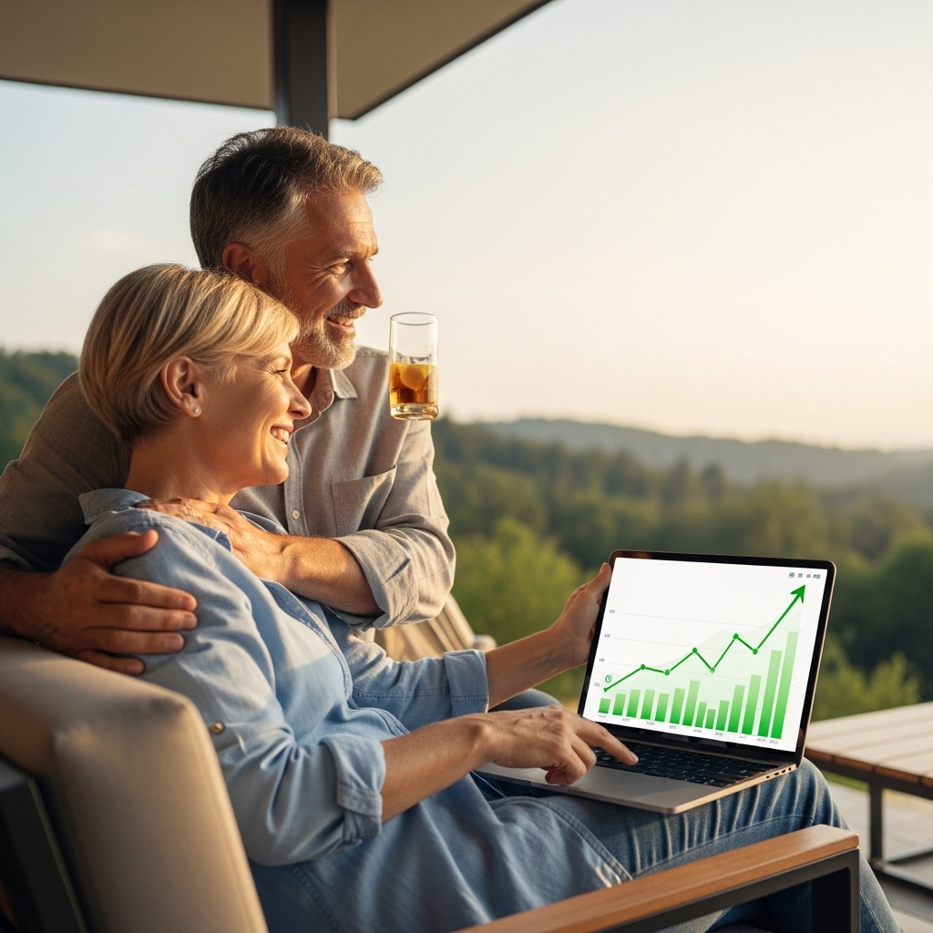 편안한 미소를 짓는 중년 부부가 자연을 배경으로 여유롭게 쉬며 재정적 안정과 은퇴 후 삶의 만족감을 표현하는 모습.