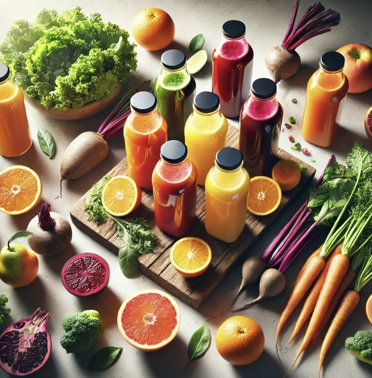 다양한 과일, 야채와 착즙주스 사진