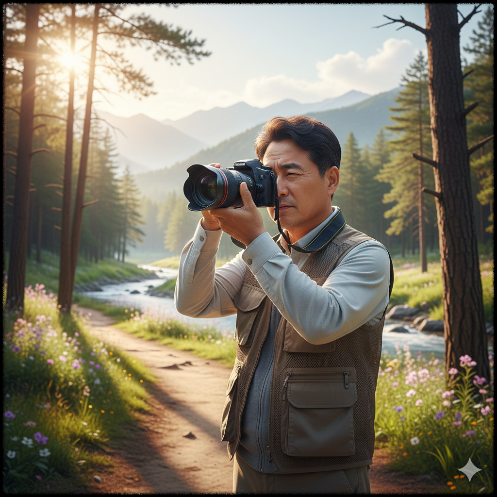 중년 남성이 DSLR 카메라로 자연 풍경을 촬영하며 사진 취미를 즐기는 모습