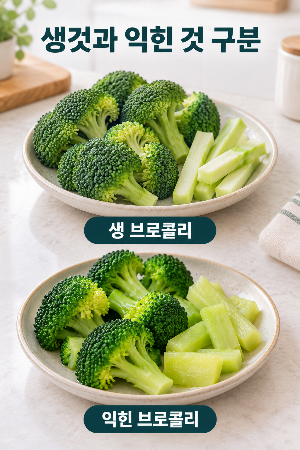 생 브로콜리와 조리 상태&middot;참고분량을 확인하는 짧은 안내