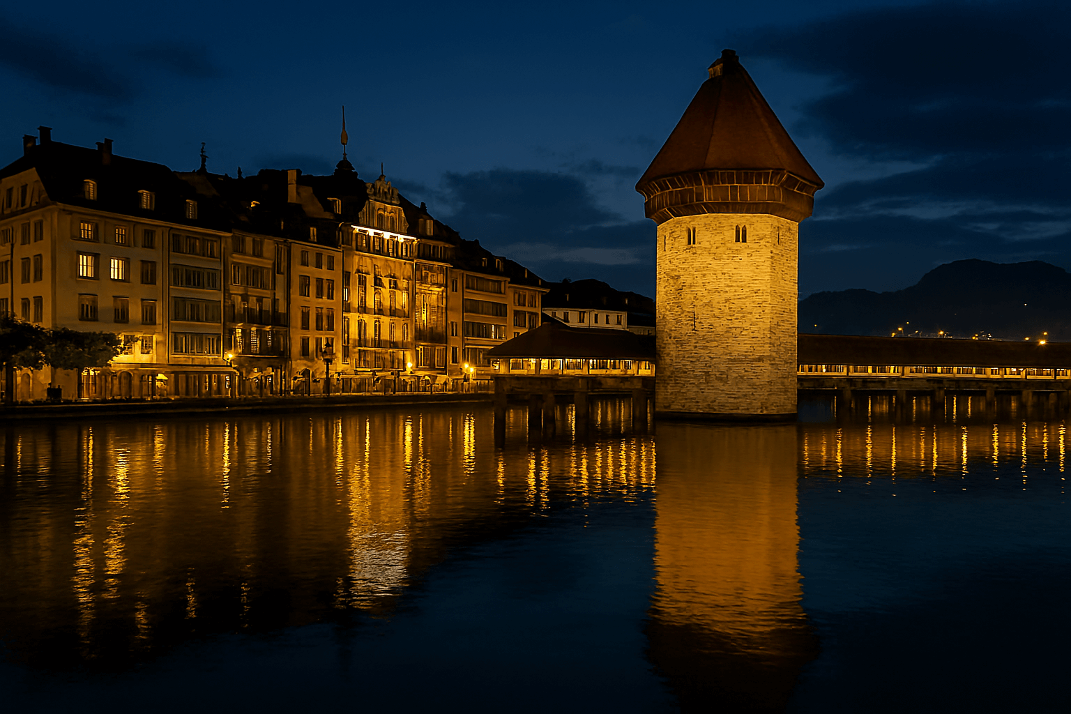 고즈넉한 루체른 호수 위로 그림처럼 놓인 유서 깊은 카펠교가 황혼녘 조명 아래 빛나는 모습. 주변 건물들과 어우러져 로맨틱한 분위기를 자아낸다.