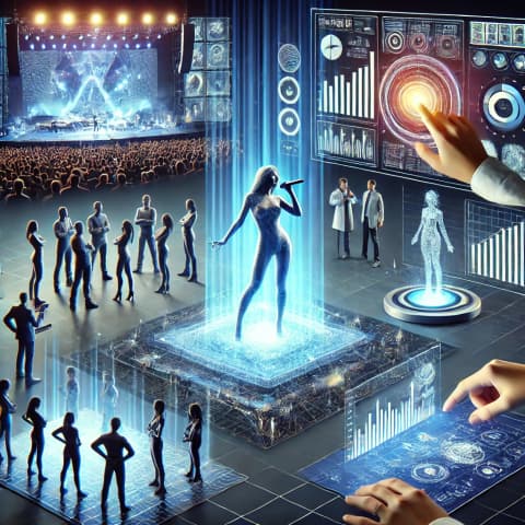 공연 무대에서 실시간으로 홀로그램으로 등장하는 가수 모습
연구실에서 홀로그램 프로젝터를 조정하는 엔지니어들
홀로그래픽 인터페이스 데모 시연 장면
데이터 시각화를 위한 홀로그램 디스플레이로 발표 중인 비즈니스 프레젠테이션