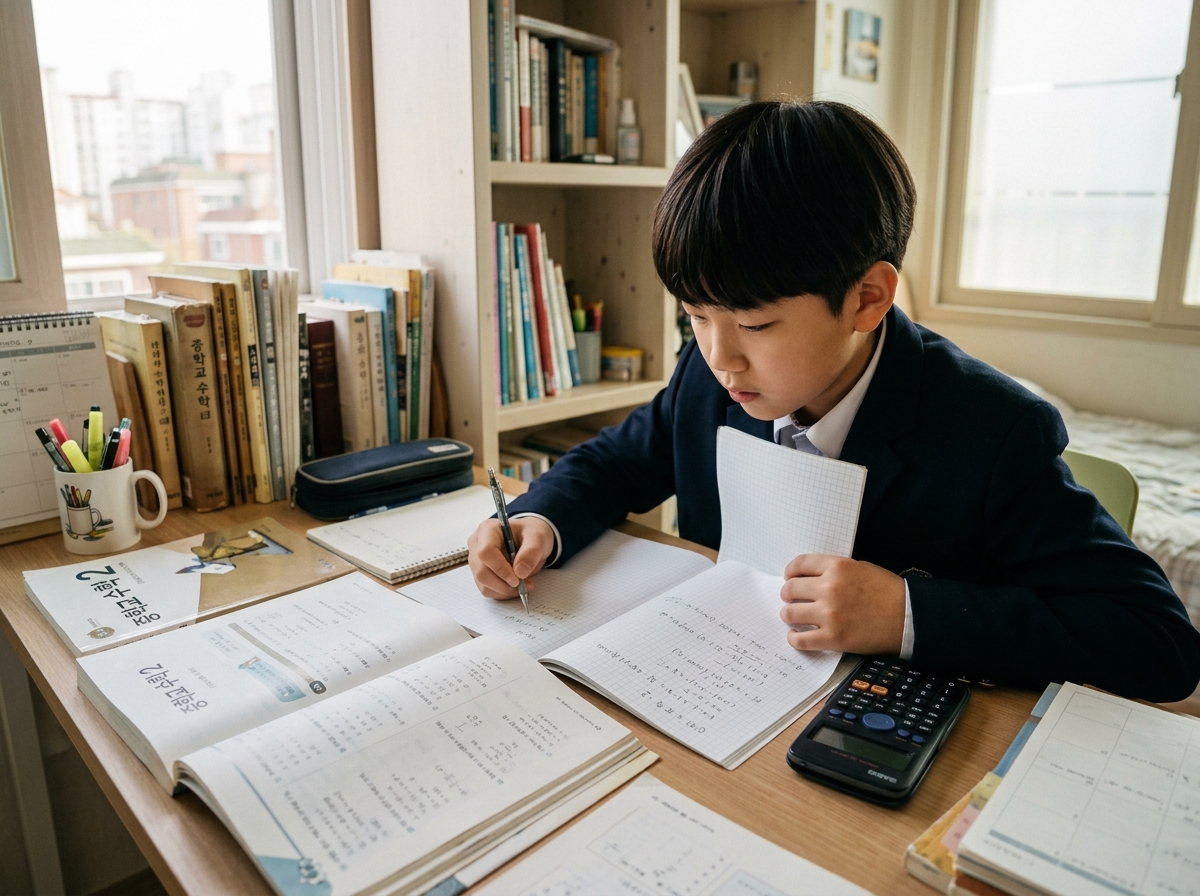 책상에 앉아 수학 공부에 집중하는 초중등 학생