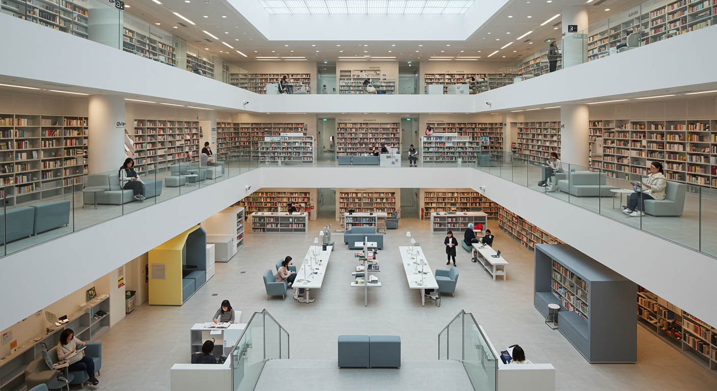Bookshelves lined with books inside a Korean public library