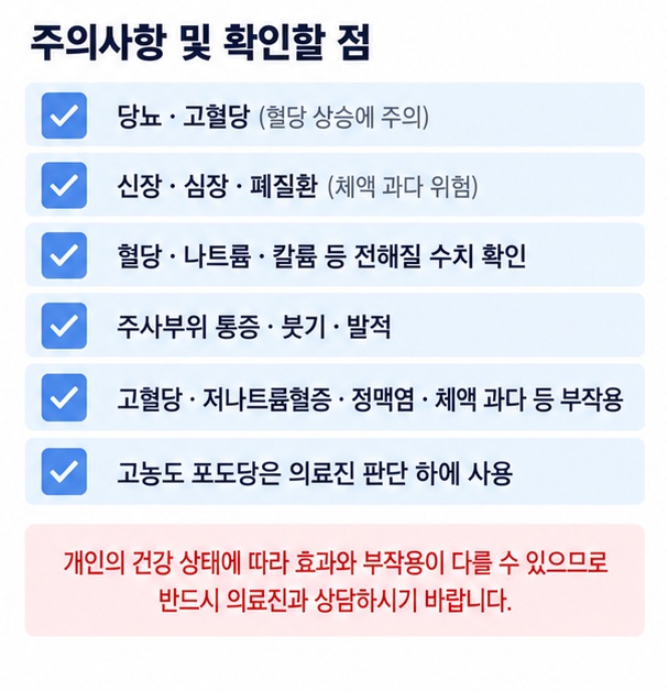 포도당 주사 전 당뇨 신장 심장 폐질환 혈당 전해질 수분 과다 주사부위 이상을 확인하는 주의사항 이미지