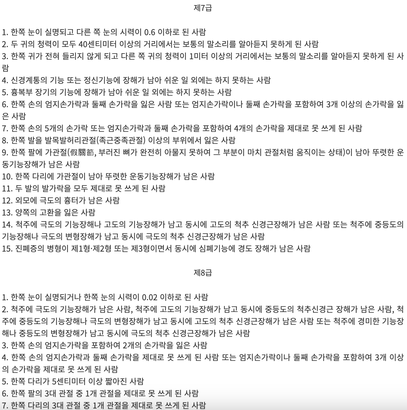 장해등급 분류표