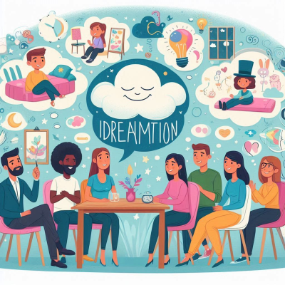 사람들이 원탁에 둘러 앉아 꿈을 분석하며 의견을 나누는 모습입니다. 각자의 꿈을 차례대로 설명하고 있습니다.