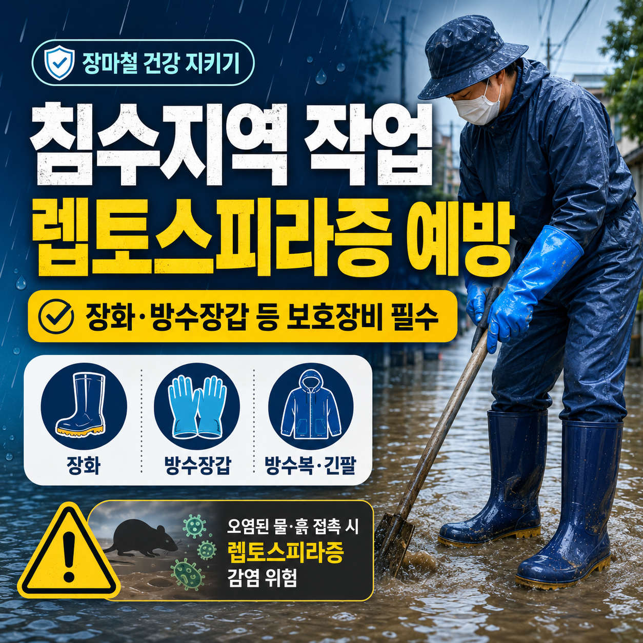 장마철 침수지역 작업 시 장화&middot;방수 장갑 등 렙토스피라증 예방 보호장비