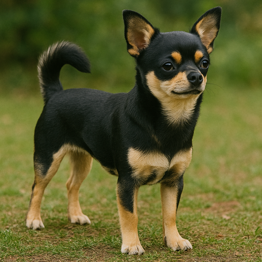 검은색 바탕에 미색이 섞인 치와와 블랙탄 1마리가 잔디밭에 서있다