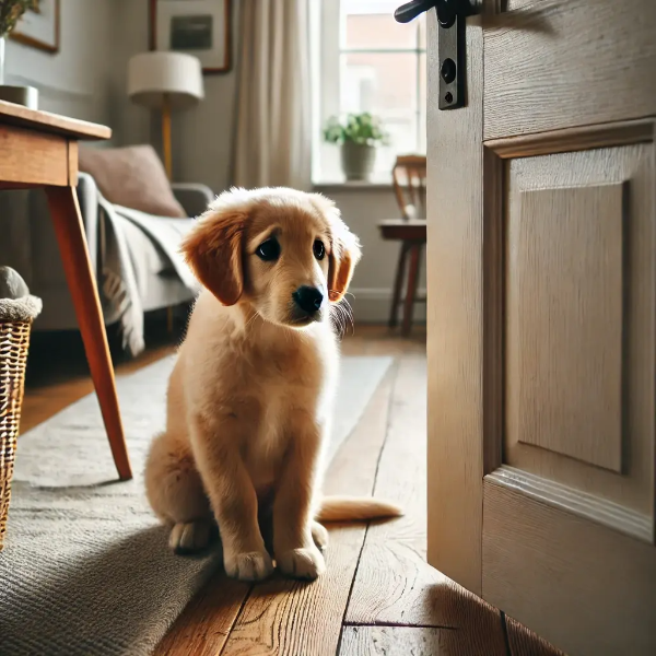 산책 나가기 망설이며 문 앞에 앉아 있는 수줍은 강아지