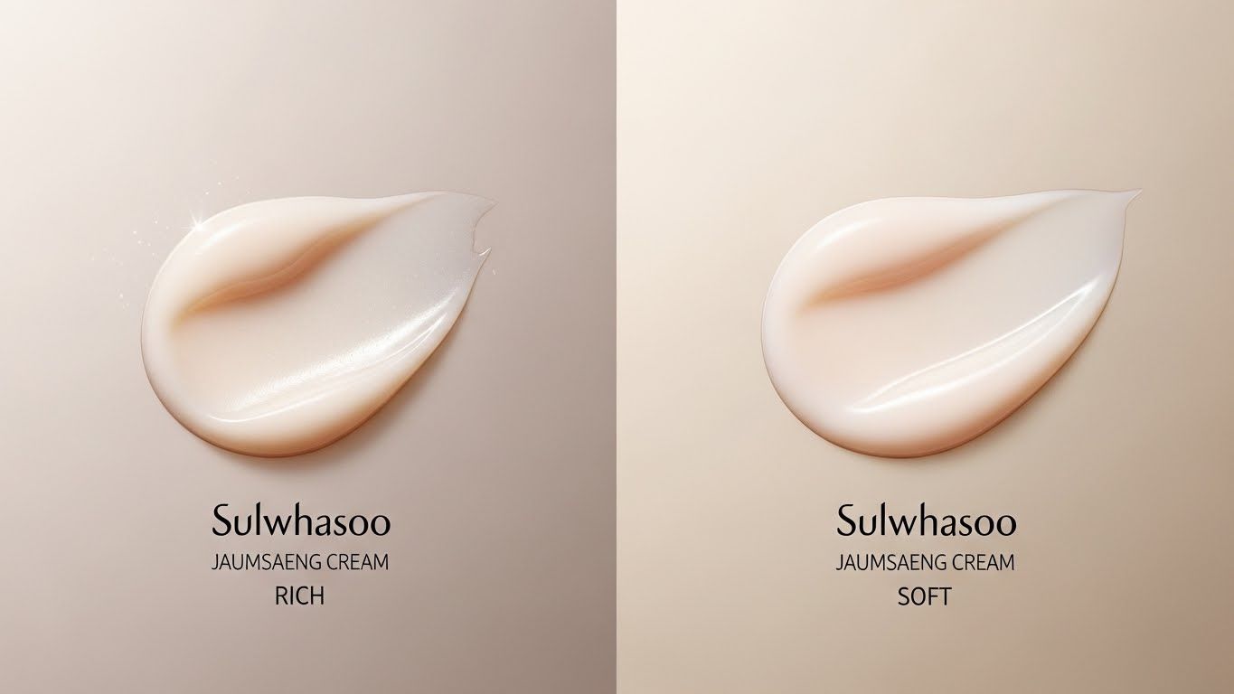 설화수 자음생크림 '리치'와 '소프트' 텍스처의 차이를 보여주는 분할 이미지 또는 이중 표현.