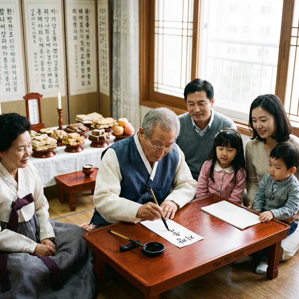할아버 지가족들 앞에서 지방을 작성하는 모습