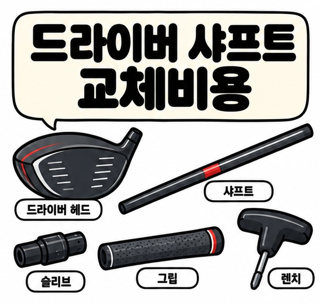 드라이버 헤드 샤프트 슬리브 그립 아이콘 옆에 드라이버 샤프트 교체비용 문구를 크게 보여주는 대표 카드