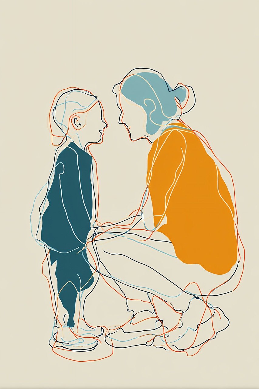 아이 눈을 맞추며 대화 하는 모습