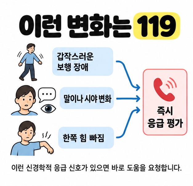 갑작스러운 보행 장애와 말이나 시야 변화 및 한쪽 힘 빠짐을 각각 119와 즉시 응급 평가에 연결한 응급 신호 도식