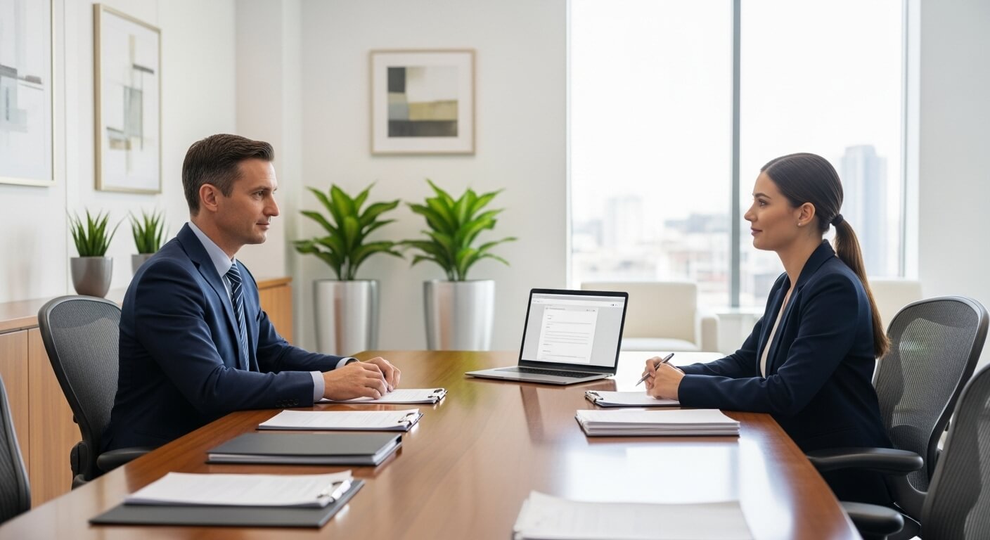 회의실에서 근로장려금 환급 상담을 받는 직장인 모습
