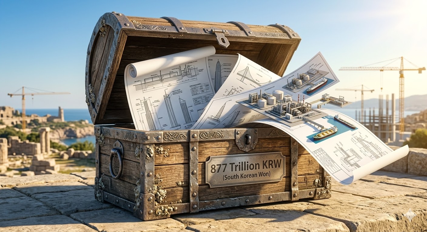 '877조 원'이라 적힌 거대한 보물상자가 열리고, 그 안에서 K-건설사들이 에너지 플랜트 설계도를 꺼내 드는 활기찬 모습