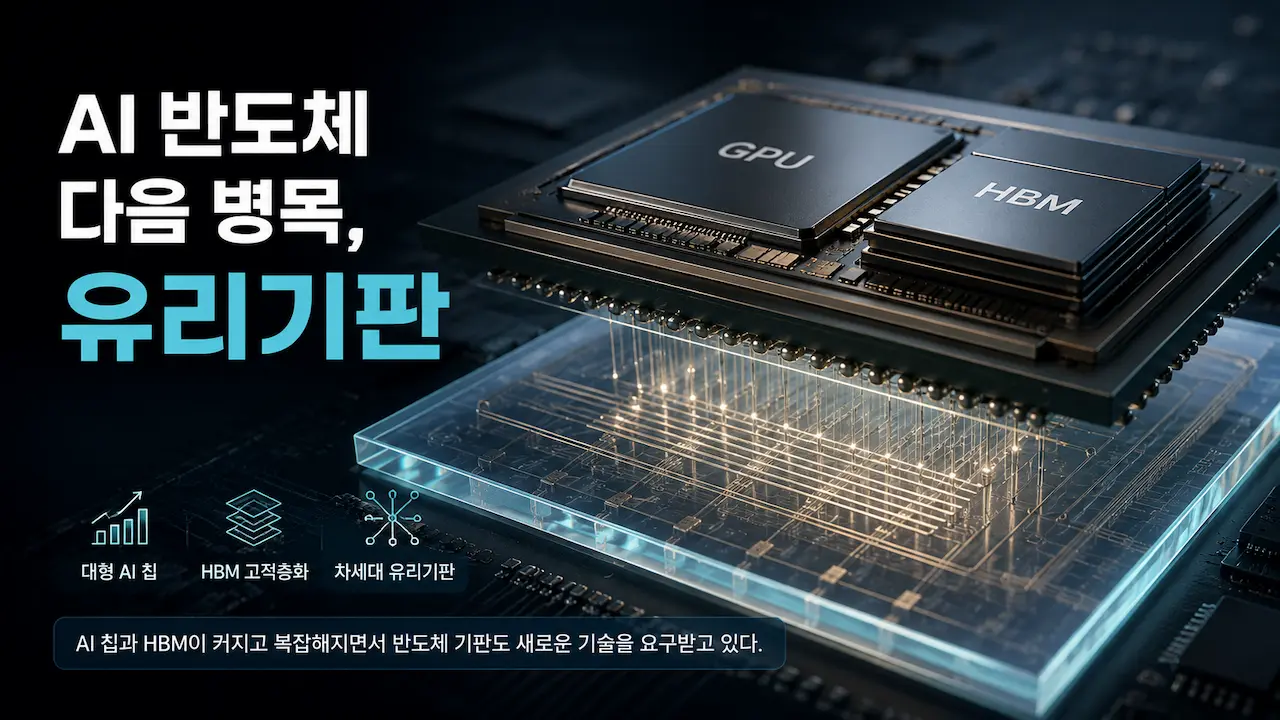 대형 AI 반도체 패키지와 HBM 아래에 배치된 차세대 유리기판을 표현한 기술 개념 이미지