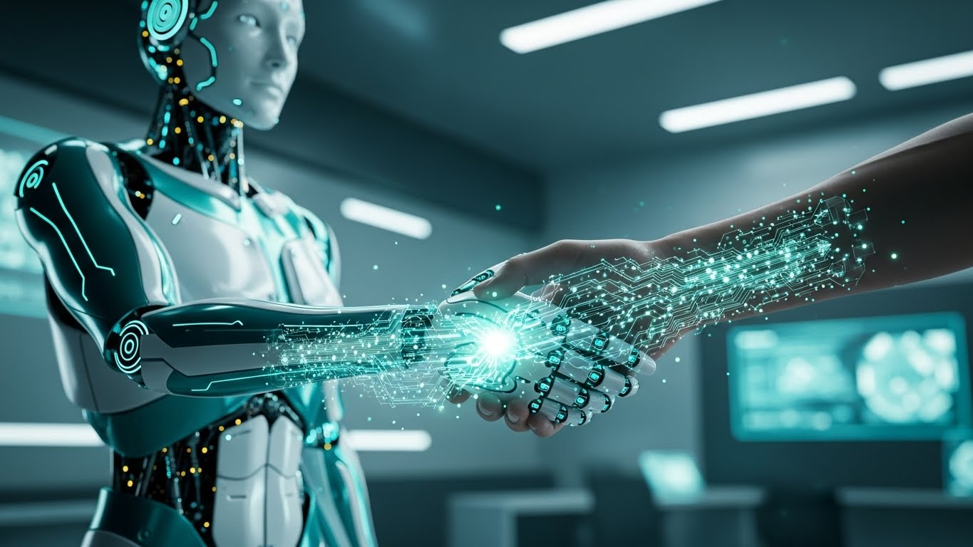 A futuristic humanoid robot shaking hands with a human hand, glowing digital circuits connecting them, teal and white color scheme, high-tech atmosphere