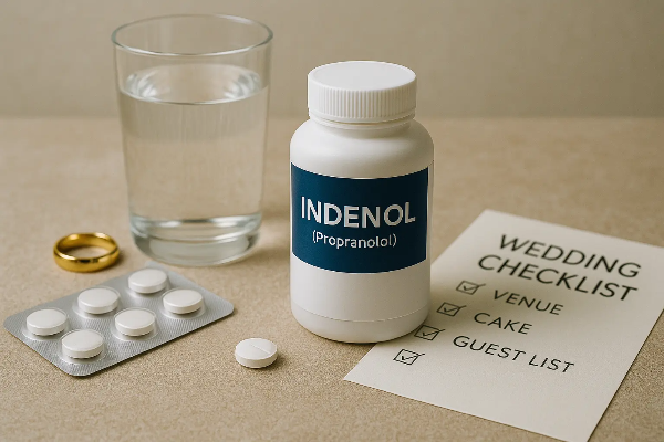 인데놀 약통, 알약, 블리스터 포장, 물컵, 결혼식 체크리스트와 반지가 정돈된 테이블 위 장면