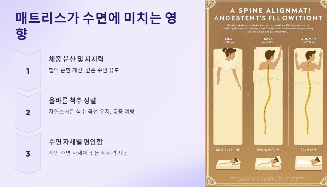 Alt 텍스트: "매트리스의 체중 분산, 척추 정렬 및 자세 편안함이 수면에 미치는 영향을 설명하는 인포그래픽