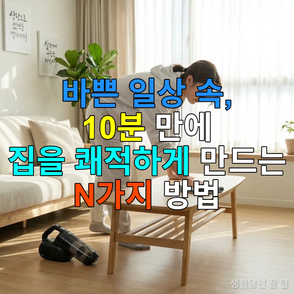 환한 햇살이 비치는 현대 한국 아파트 거실에서 한 여성이 10분 청소 루틴을 실천하며 커피 테이블을 닦고 있는 모습