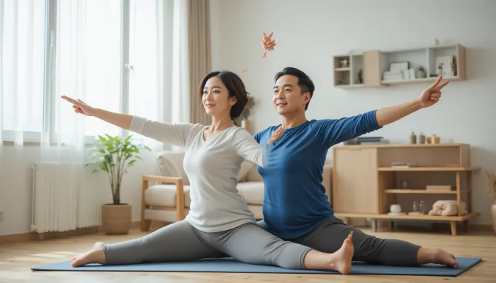 밝은 실내에서 함께 스트레칭하는 중년 부부
