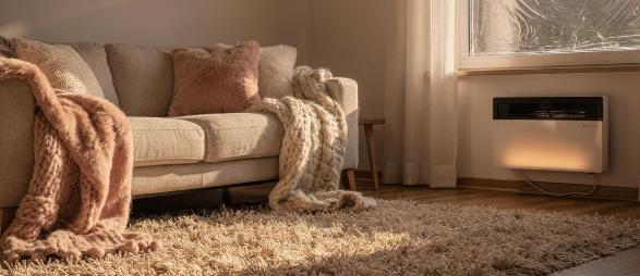 단열 필름이 붙은 창문, 두꺼운 러그, 소파 위 따뜻한 담요, 에너지 절약 히터가 있는 아늑한 겨울 집 인테리어