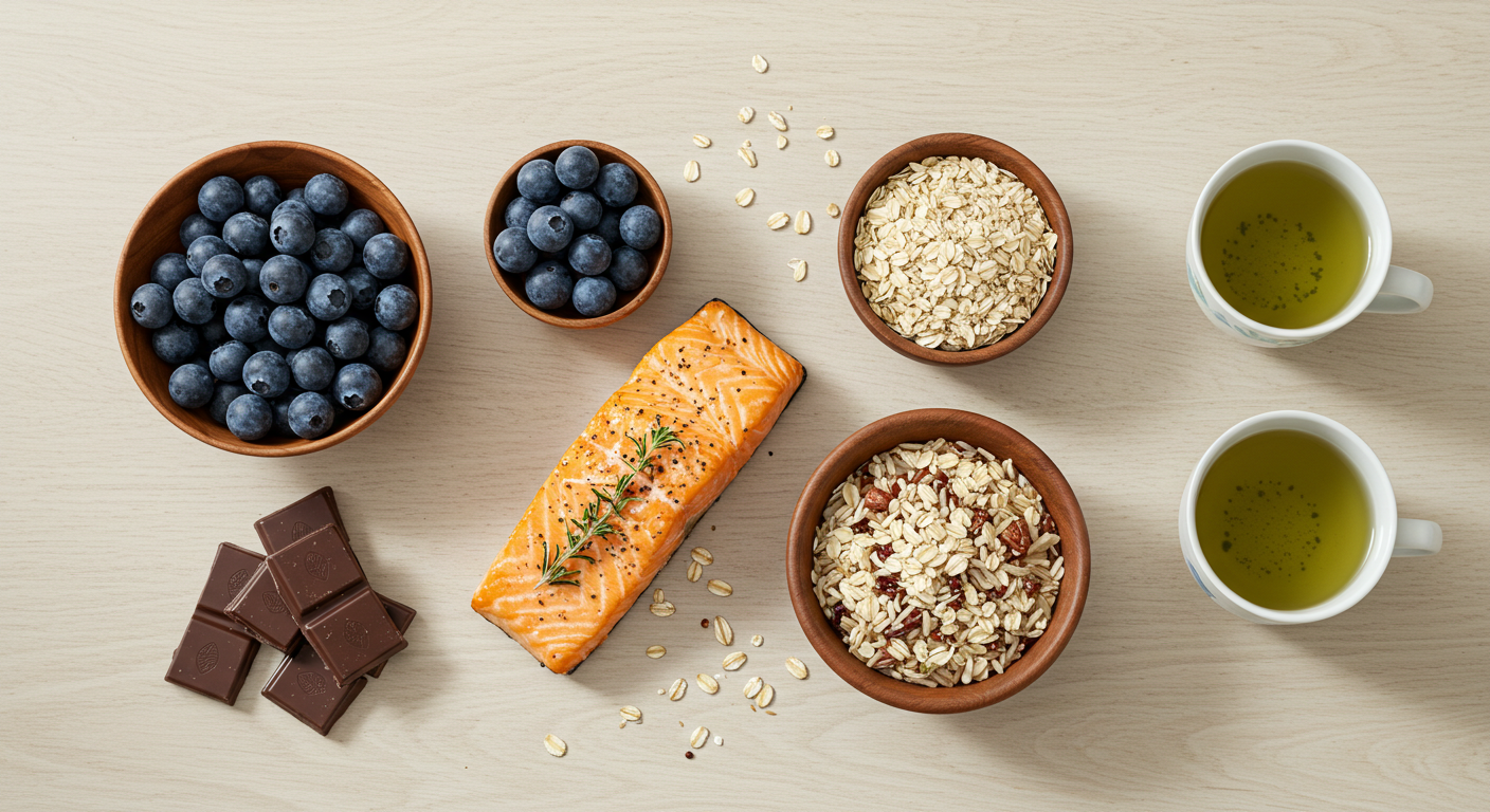 두뇌·집중력·에너지에 좋은 음식 블루베리, 연어, 통곡물, 초콜릿, 녹차에 관한 이미지
