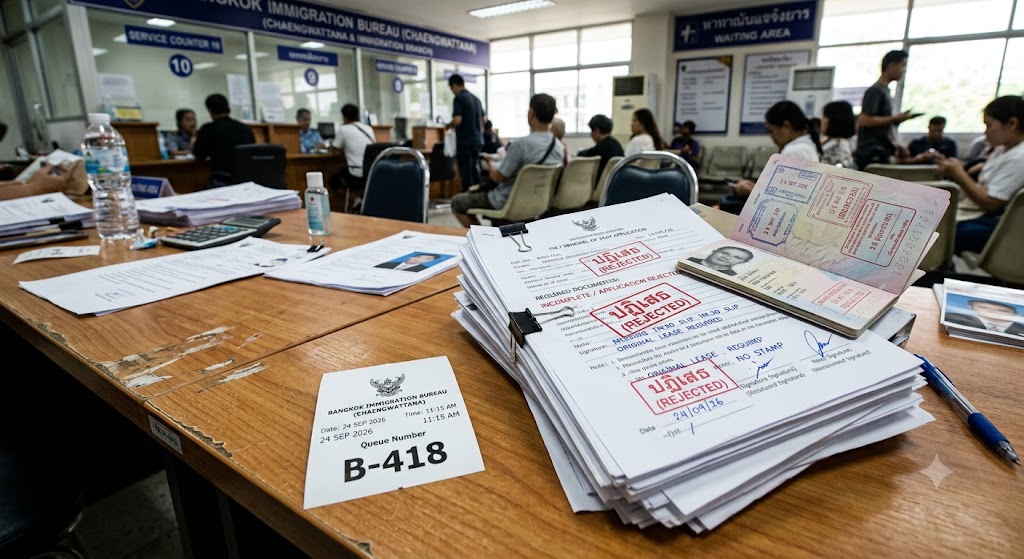 방콕 쨍와타나 이민국(Bangkok Immigration Bureau Chaengwattana) 내부 대기실을 배경으로 한 나무 책상 위에 'B-418' 번호가 적힌 대기표와 빨간색 'REJECTED' 도장이 여러 군데 찍힌 두꺼운 서류 뭉치, 그리고 스탬프가 찍힌 펼쳐진 여권이 놓여 있는 모습. 뒤편에는 서비스 창구와 순서를 기다리는 사람들의 모습이 흐릿하게 보입니다.