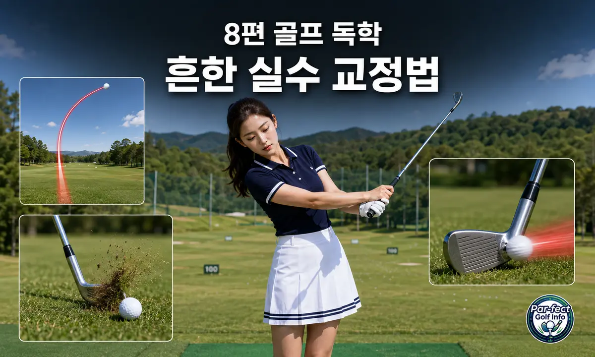 여성 골퍼의 스윙 모습과 함께 슬라이스 궤적, 공 뒤 지면을 먼저 치는 뒤땅, 호젤에 공이 맞는 생크를 보여주는 이미지
