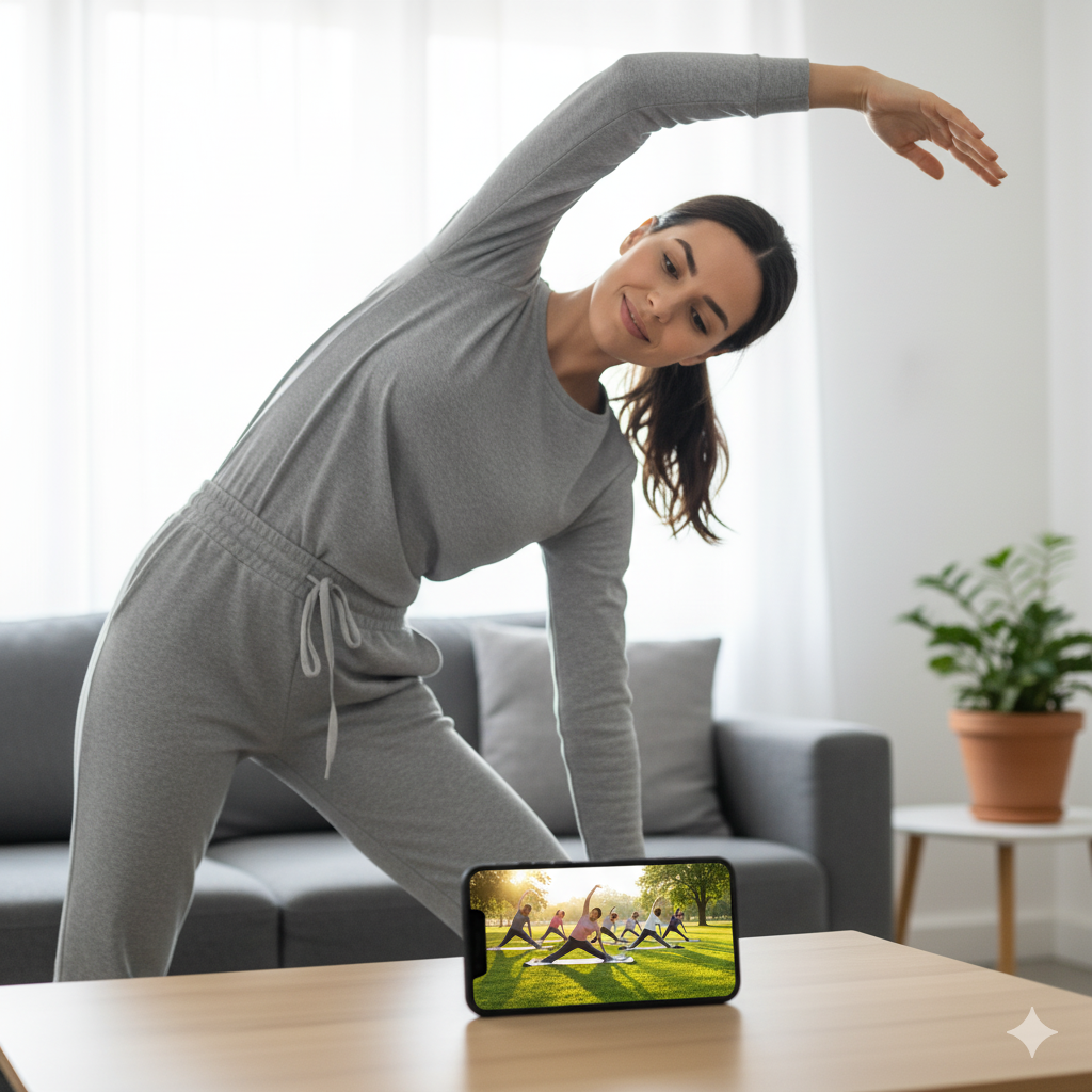 거실에서 스트레칭하는 여성과 테이블 위 AI 코칭 메시지가 보이는 스마트폰.